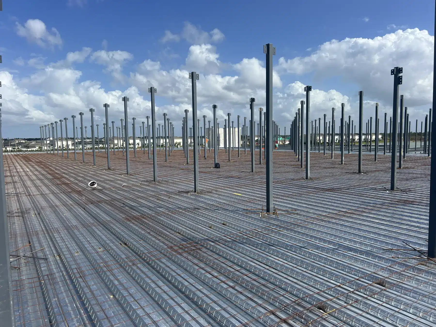 Reinforced rebar grid on a commercial structural slab before the pour