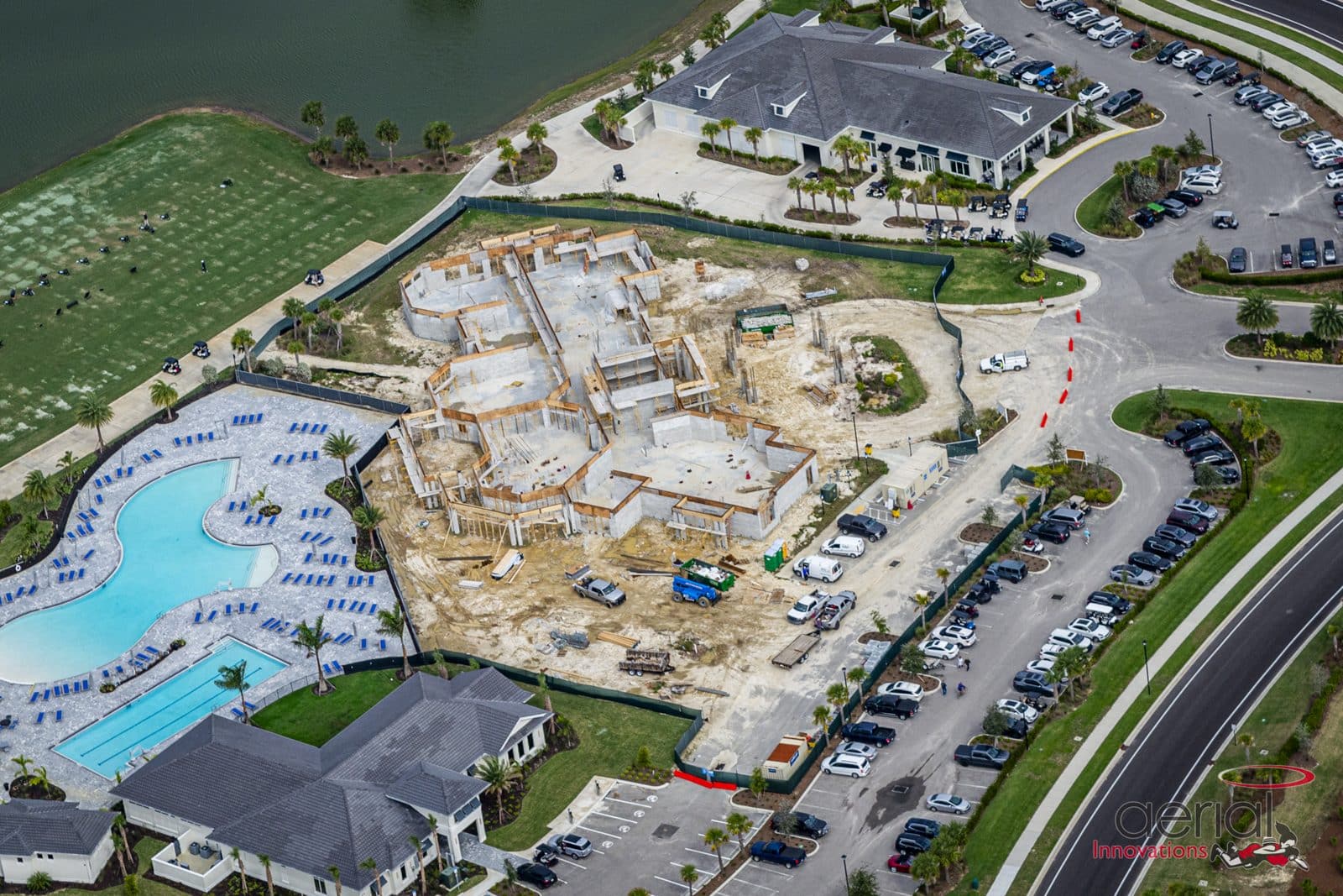 Structural concrete forms rising on the Babcock Ranch clubhouse commercial build