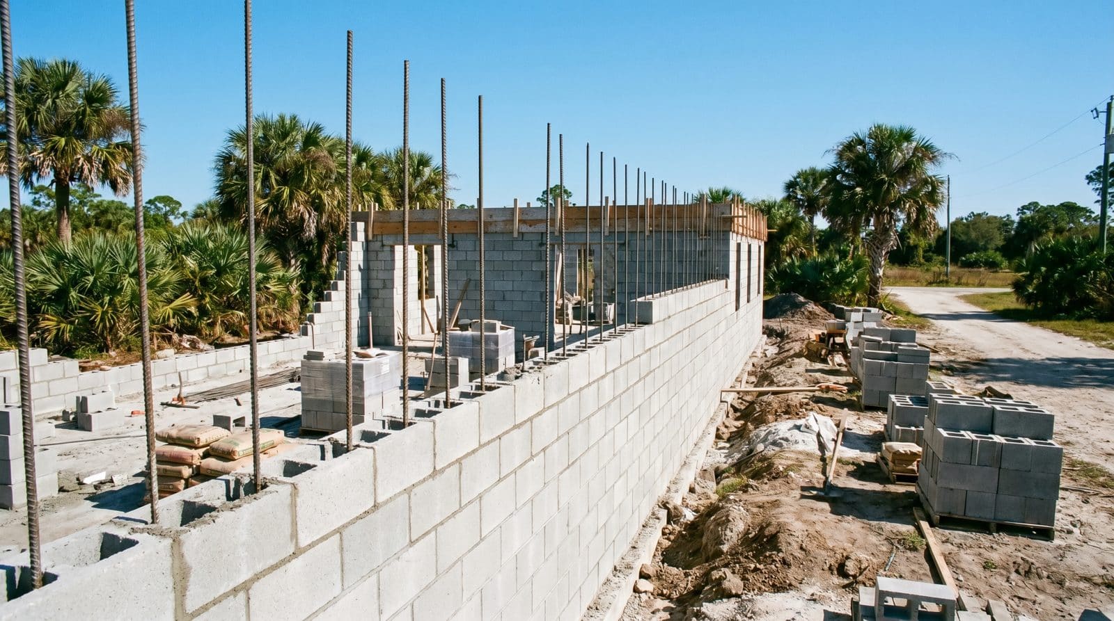 CBS concrete block wall with vertical rebar in grouted cells under construction in Florida