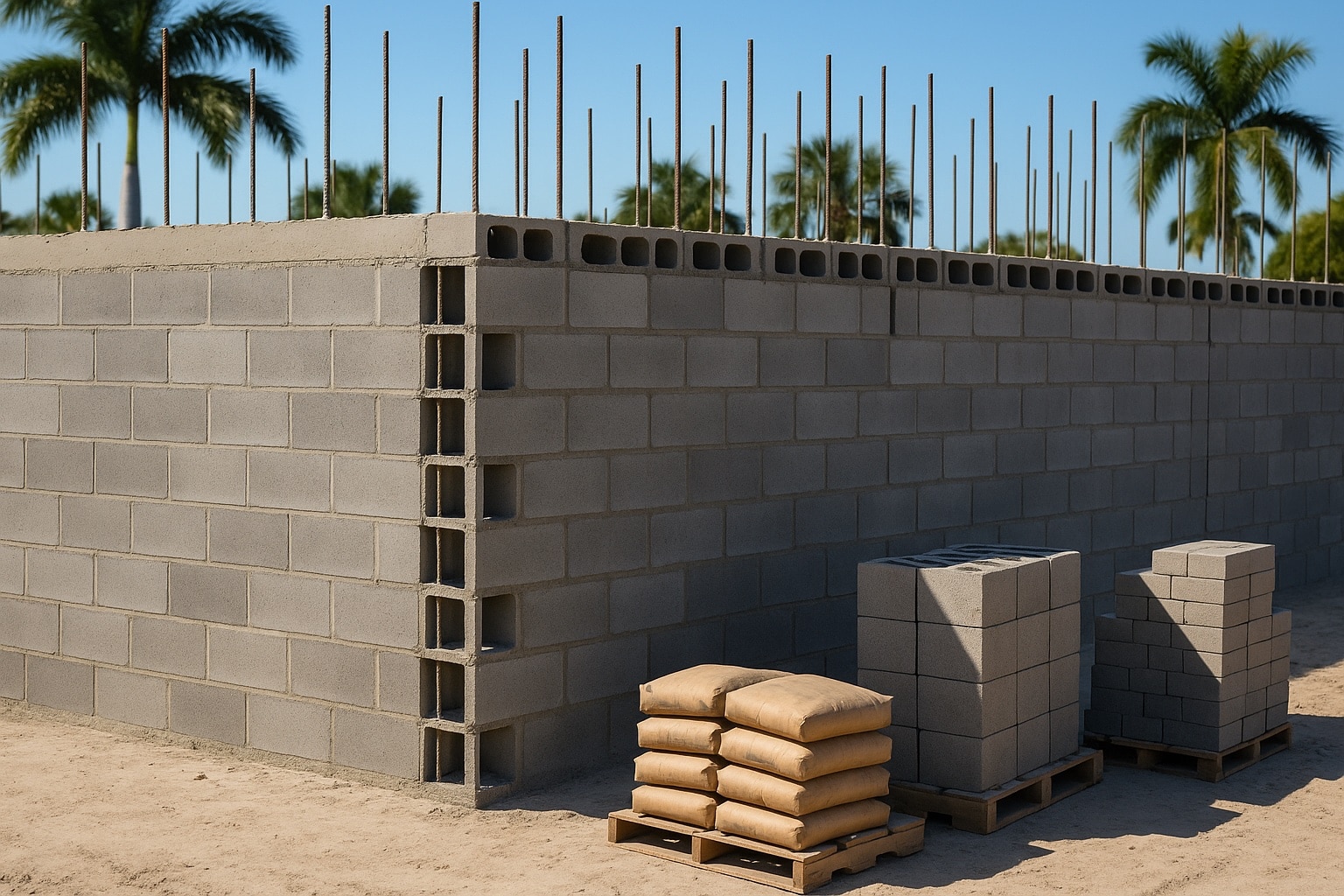 Reinforced CMU block wall with vertical rebar on a Florida commercial site