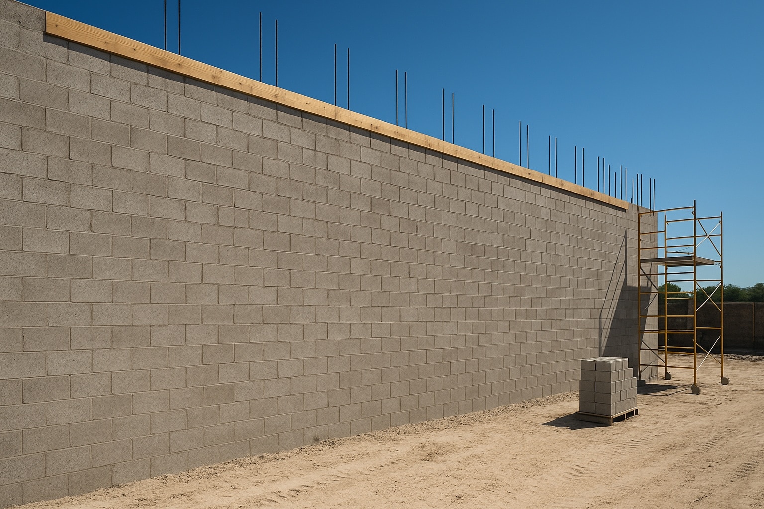 Tall reinforced concrete block wall with bond-beam form, commercial Florida project