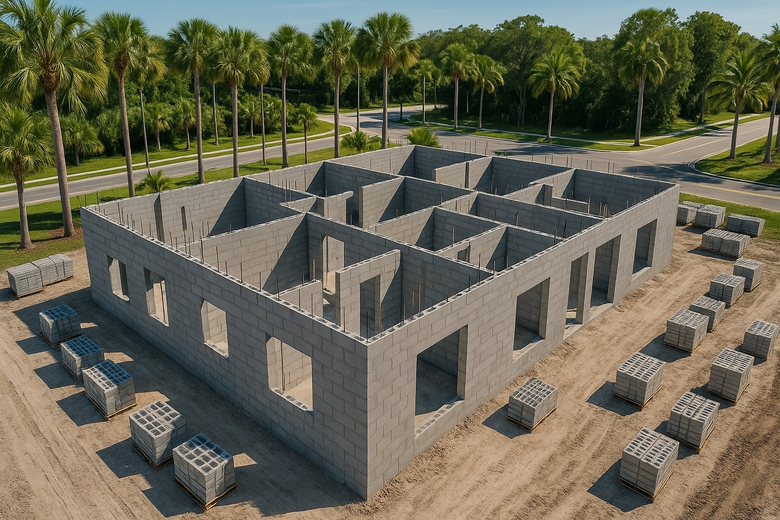 Aerial of commercial reinforced CMU masonry walls under construction in Florida
